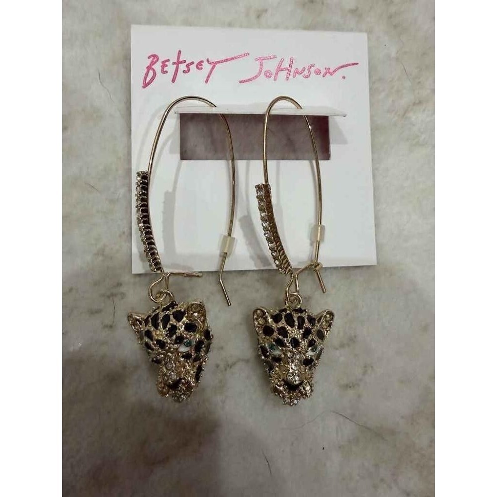NWT Betsey Johnson Rhinestone Leopard Hoop Drop Earrings